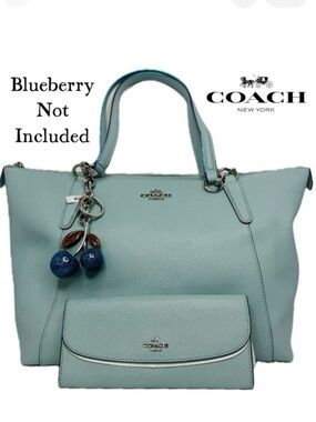 COACH AVA TOTE BAG IN GLITTER AQUA BLUE LEATHER F11900 AND F11835 WALLET SET